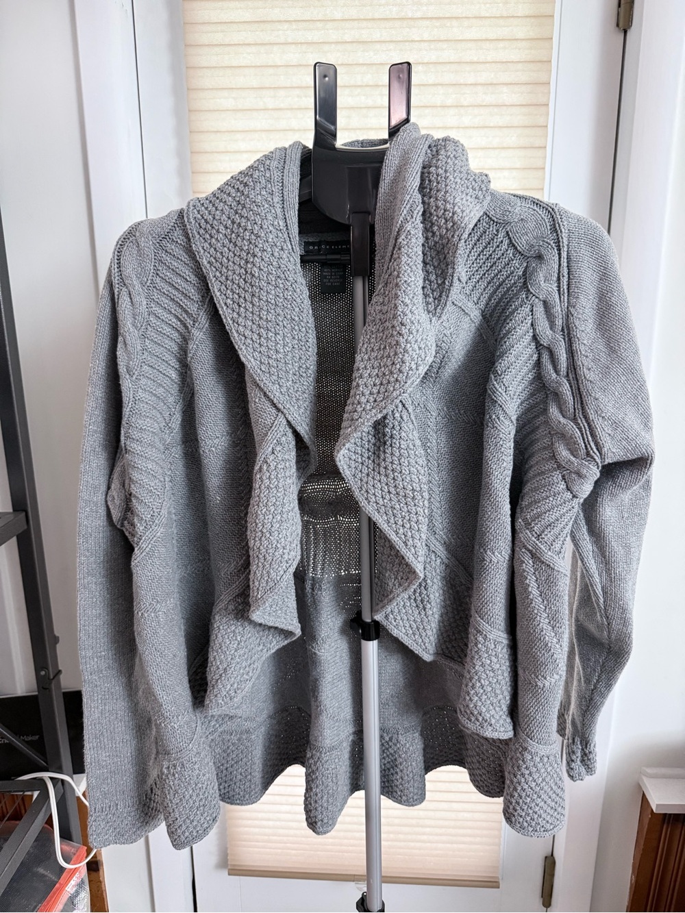 Grace Elements Gray Cable-Knit Shawl Collar Cardigan cascading lapels cottage